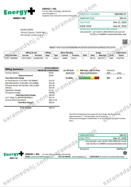 USA Massachusetts Energy Plus electricity utility bill template in Word and PDF format